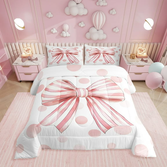 Pink Bowknot Comforter Set Twin Size,Bow Tie Butterfly Knot Princess Bedding Set,Women Room Decor,Geometric Dots Stripes Down Comforter,Girly Romantic Duvet Insert,1 Pillowcase