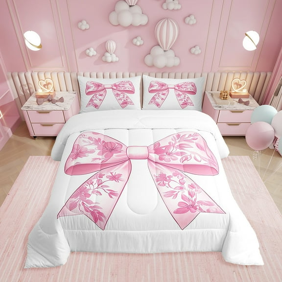 Pink Bowknot Comforter Set Twin Size,Flowers Bow Tie Butterfly Knot Girly Bedding Set,Women Room Decor,Princess Romantic Down Comforter,White Simple Duvet Insert,1 Pillowcase