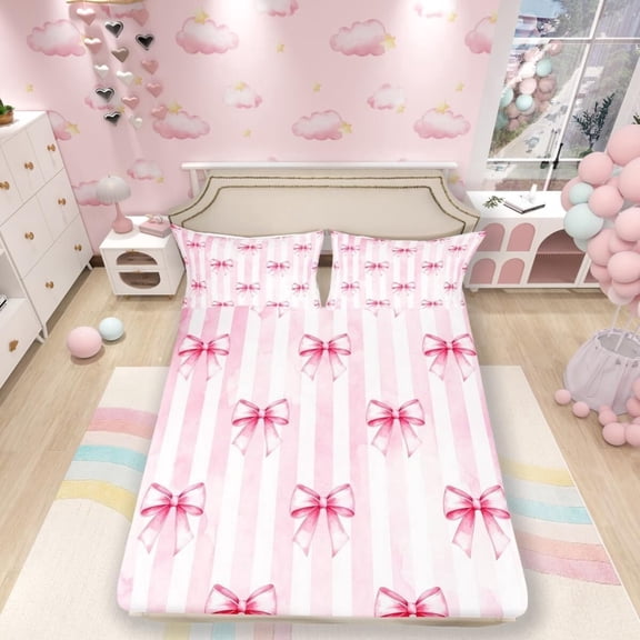 Pink Bowknot Kids Fitted Sheet Twin Size,Bow Tie Geometric Stripe Bedding Set,Girls Women Room Decor,Butterfly Knot Princess Style Fashion Pink Romantic Bed Sheet,2 Pillowcase(No Flat)