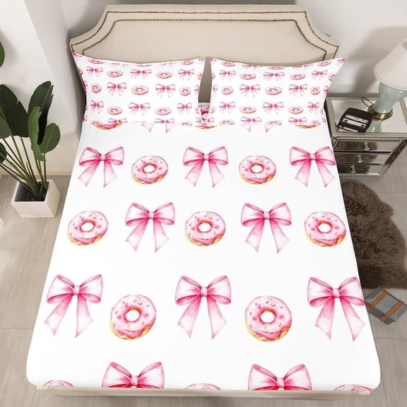 Pink Bowknot Kids Fitted Sheet Twin Size,Donut Dessert Cartoon Food Toddler Bedding Set,Girls Women Room Decor,Bow Tie Knot Princess Style Cute Fashion Bed Sheet,2 Pillowcase(No Flat)