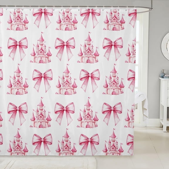 Pink Bowknot Kids Shower Curtains,Castle Tale Princess Toddler Bathroom Curtains for Girls Women,Bow Tie Butterfly Knot Girlish Romantic Fashion Waterproof Curtains,12 Hooks Suits,72"W x 72"L