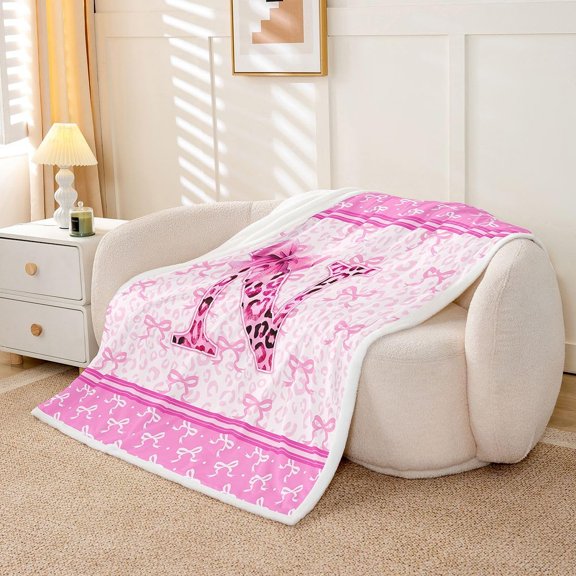 Pink Bowknot Leopard Throw Blanket Initial Letter N Soft Fleece Sherpa Cozy Fuzzy Plush Warm Bow Tie Fuzzy Plush Throw Sweet Romantic Baby for Bed Couch Living Room 30" x 40"