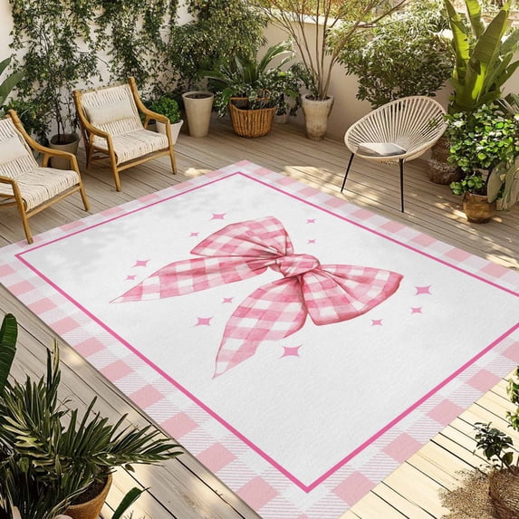 Pink Bowknot Outdoor Rug for Patio/Deck/Porch, Non-Slip Large Area Rug 5 x 7 Ft, Shining Stars Vintage White Plaid Modern Indoor Outdoor Rugs Washable Area Rugs, Reversible Camping Rug Carpet Runner