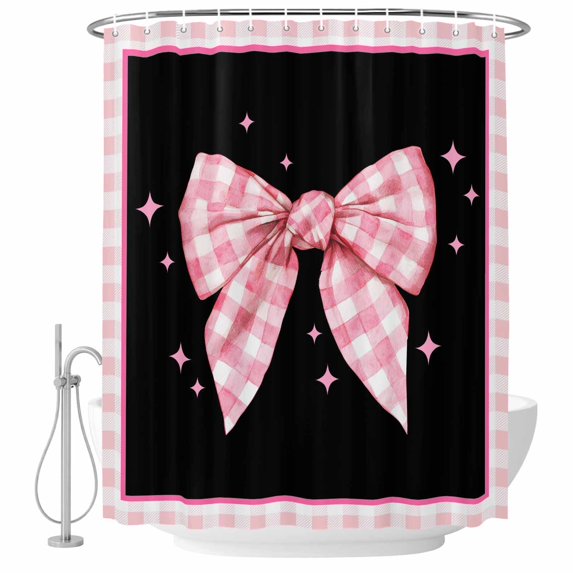 Pink Bowknot Shower Curtain, Waterproof Shower Curtains for Bathroom, Shining Stars Vintage White Plaid Black Washable Fabric Bathtub Curtain Set Bath Decor with 12 Hooks Stall 36"x72"