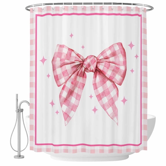 Pink Bowknot Shower Curtain, Waterproof Shower Curtains for Bathroom, Shining Stars Vintage White Plaid Modern Washable Fabric Bathtub Curtain Set Bath Decor with 12 Hooks Standard 72"x72"
