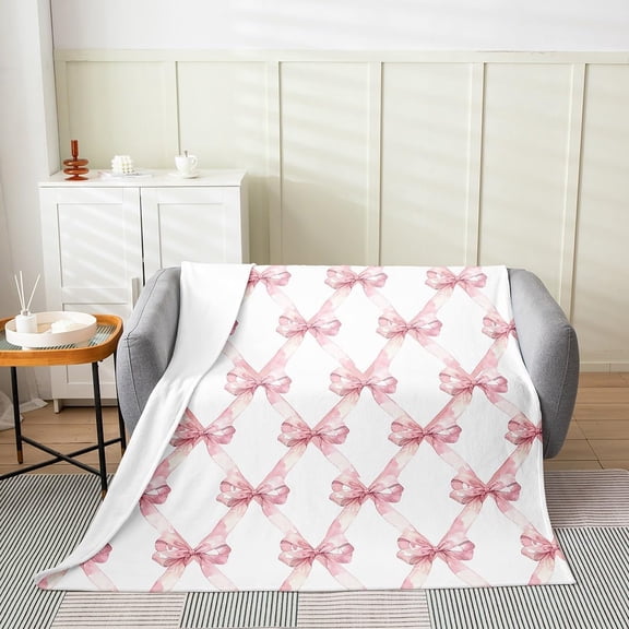 Pink Bowknot Throw Blanket for Kids,Dreamy ss Style Kids Girls Fleece Throw Blanket for Bedroom Sofa Dorm Decor,Watercolor Bow Geometric s White Blanket,40 x 50 Inches