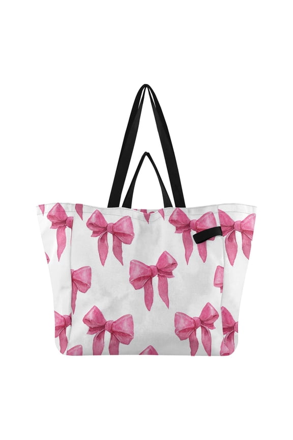 Pink Bowknots Watercolor Foldable Canvas Tote Bags Reusable Grocery Bags Laundry Bags Beach Bag 32L