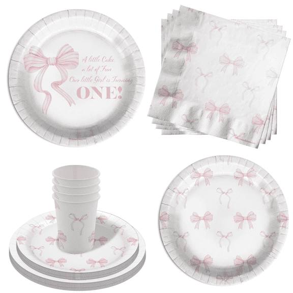 Pink Bows 1st Birthday Party Supplies - 64 Piece First Birthday Tableware Set Includes Large 9" Dinner Plates and 8" Dessert Paper Plates Napkins Cups - Kit for 16