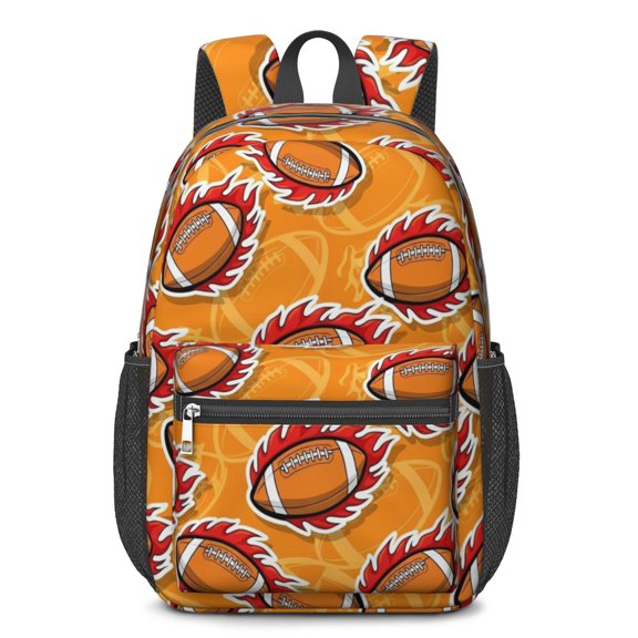 Football Fire Orange Pattern 17" School Backpacks for Teens,Waterproof Oxford Fabric,S-Shape Padded Straps for School,Travel,Hiking,Camping
