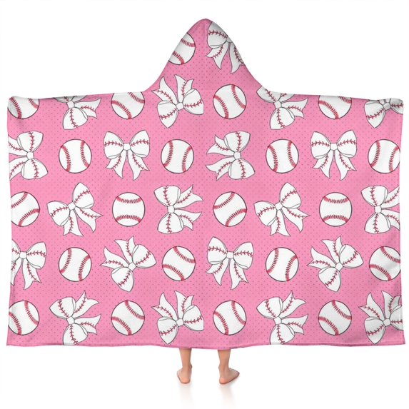 Pink Bows and Baseballs Pattern Hooded Bath Towel,60"x35" for Ages 3 To 12 Kids, Quick Dry Lightweight Soft Microfiber Hood Beach Towel Cover Up for Kids