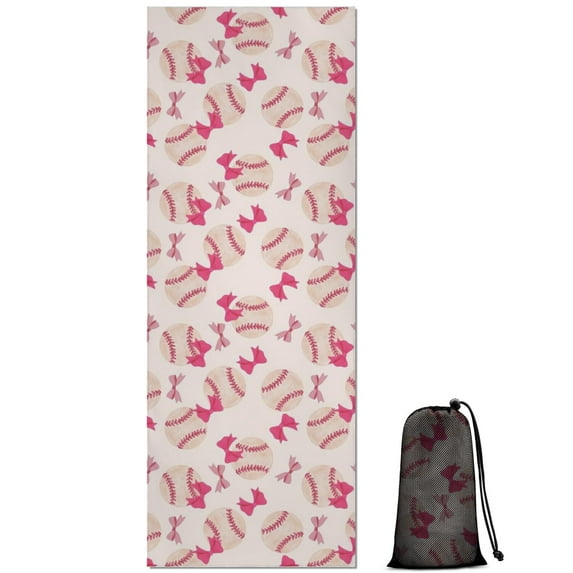 Pink Bows and Baseballs Pattern Hot Yoga Mat Towel Non Slip for Hot Yoga - Quick-Drying Yoga Mat Cover with 4 Corner Pockets with Travel Bag - Hot Yoga Towel Non Slip 70"x26"