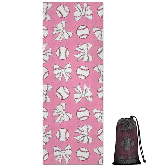 Pink Bows and Baseballs Pattern Hot Yoga Mat Towel Non Slip for Hot Yoga - Quick-Drying Yoga Mat Cover with 4 Corner Pockets with Travel Bag - Hot Yoga Towel Non Slip 74"x26"