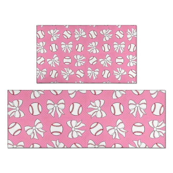Pink Bows and Baseballs Pattern Kitchen Rugs Sets Of 2,Anti Fatigue Kitchen Mat Rugs Non Slip Washable,Decorative Kitchen Floor Mats for Kitchen,Sink,Laundry,17"x30"+17"x47"