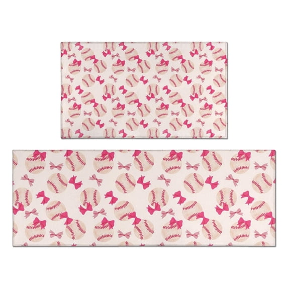 Pink Bows and Baseballs Pattern Kitchen Rugs Sets Of 2,Anti Fatigue Kitchen Mat Rugs Non Slip Washable,Decorative Kitchen Floor Mats for Kitchen,Sink,Laundry,17"x30"+17"x47"