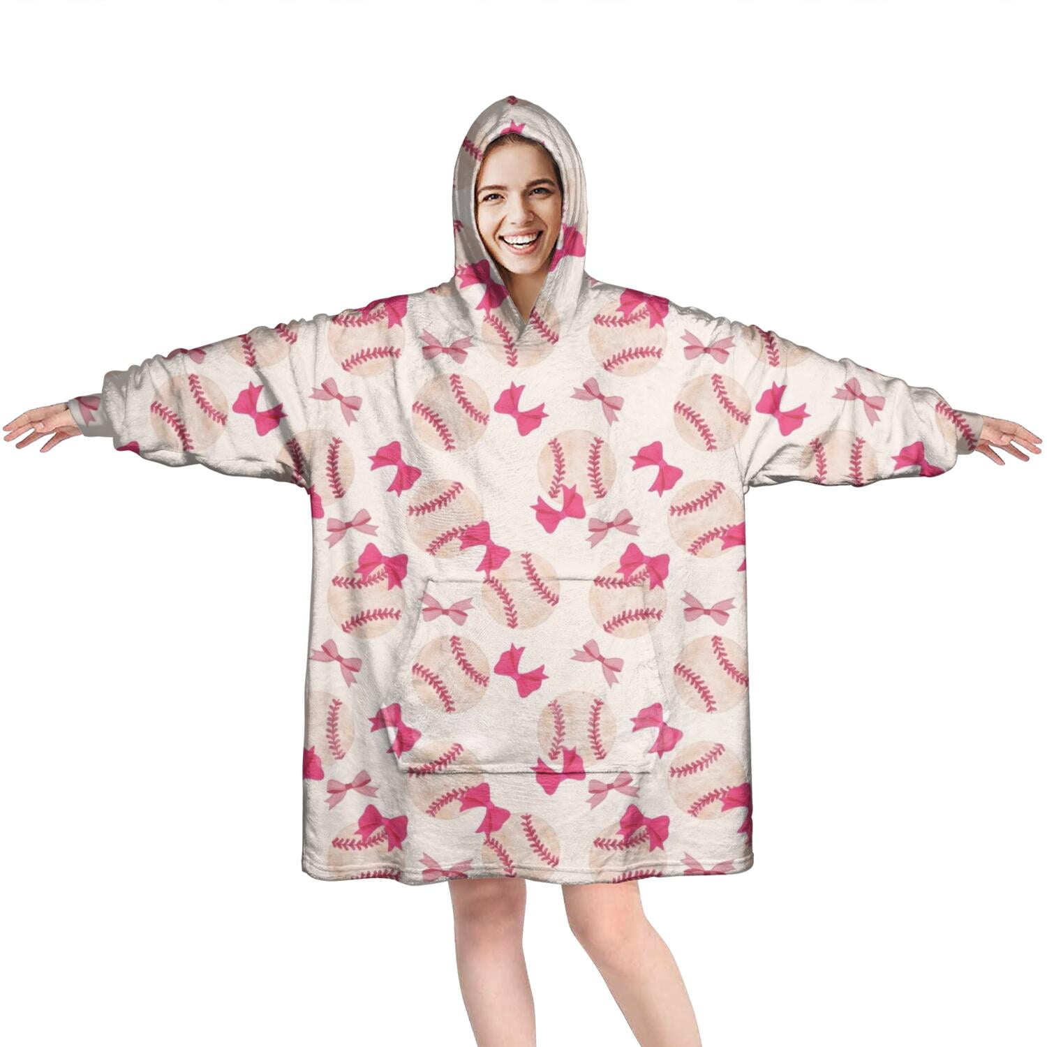Pink Bows and Baseballs Pattern Wearable Oversized Blanket,Wearable Blanket Hoodie for Adults,Cozy Hooded Blankets with Super Pockets,Super Warm Fuzzy Pullover for Women & Men