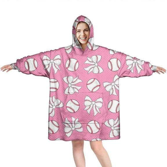 Pink Bows and Baseballs Pattern Wearable Oversized Blanket,Wearable Blanket Hoodie for Adults,Cozy Hooded Blankets with Super Pockets,Super Warm Fuzzy Pullover for Women & Men