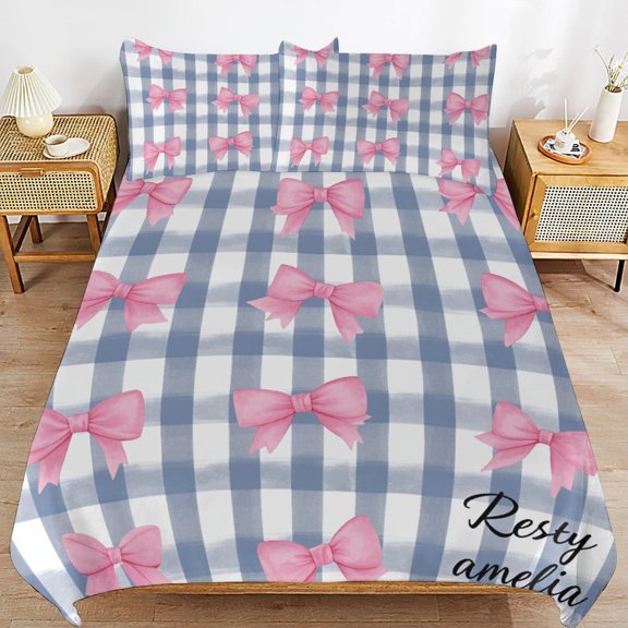 Pink Bows on Blue Checkered Background Resty Amelia Bedding Set Couple Bedclothes Pillowcase Home Textiles Bed 3pcs Set for Bedroom Customized Decoration King