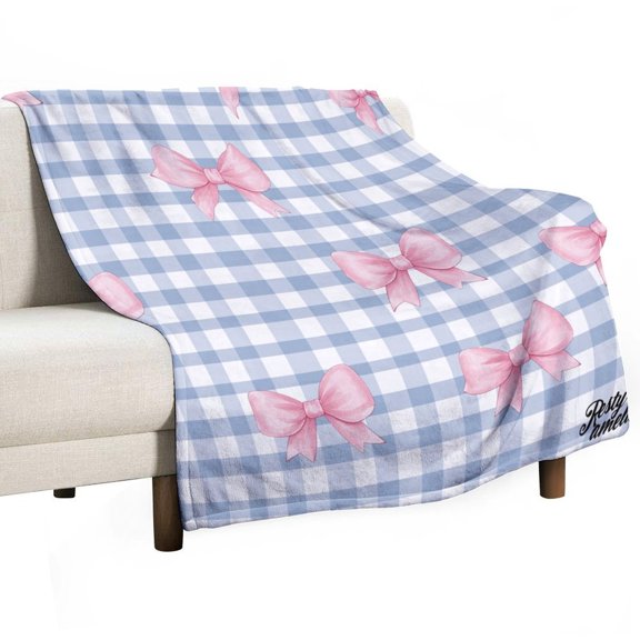 Pink Bows Blue Checkered Pattern Flannel Blanket Blanket for Couch Sofa Lightweight Bed, Super Soft Cozy Print Warm Blanket
