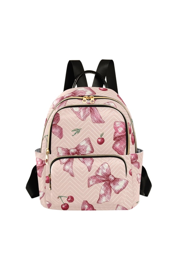 Pink Bows Cherries Hand Drawn Quilted Backpack Fashion Daypack Commuter Bag for Women 8.5 L