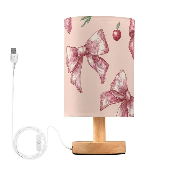 Pink Bows Cherries Hand Drawn Table Lamp with USB Port LED Warm Light Lamp Night Light Home Decor