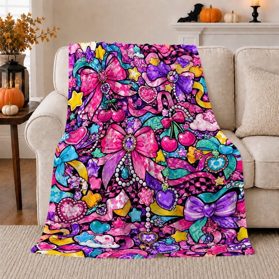 Pink Bows Cherries Heart Gems Stars and Cloud Art, Cozy Flannel Blanket, Home Decor for Teen Girls, Bedroom and Dorm, Birthday Gift, Vivid Colorful Kawaii Pattern