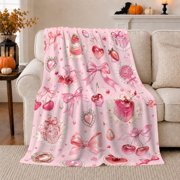 Pink Bows With Cherries And Jeweled Hearts, Soft Flannel Blanket with Romantic Decorative Watercolor Print, Housewarming Gift and Home Decor for Bedroom and Living Room