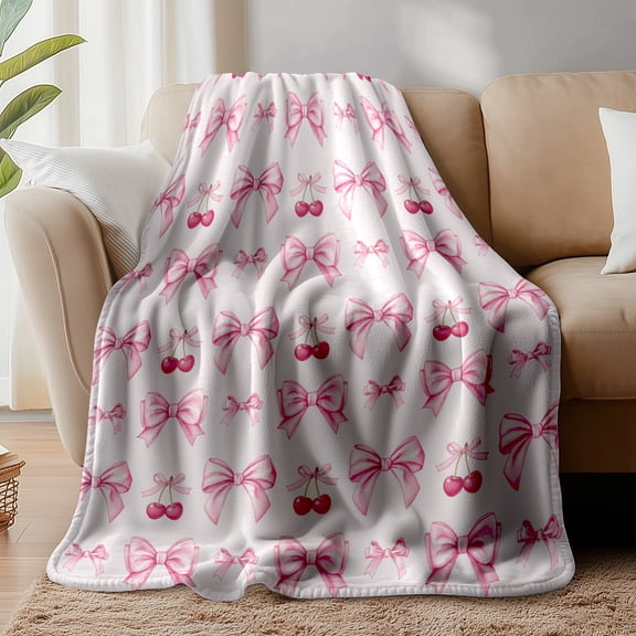 Pink Bows Cherry Throw Blanket Cute Bows Cherry Throw Blankets Aesthetic Fuzzy Soft Flannel Fleece Blanket Gifts