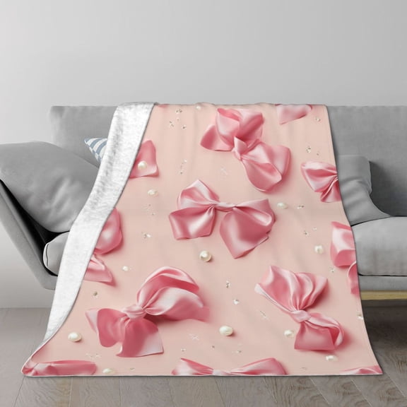 Pink Bows Coquette Throw Blanket, Aesthetic Satin Ribbon Pattern, Soft Plush Flannel Fleece for Sofa Bedroom Dorm, Balletcore Pink Room Decor 50x40