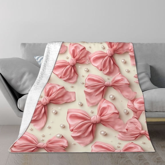 Pink Bows Coquette Throw Blanket, Aesthetic Satin Ribbon Pattern, Soft Plush Flannel Fleece for Sofa Bedroom Dorm, Balletcore Pink Room Decor 50x40