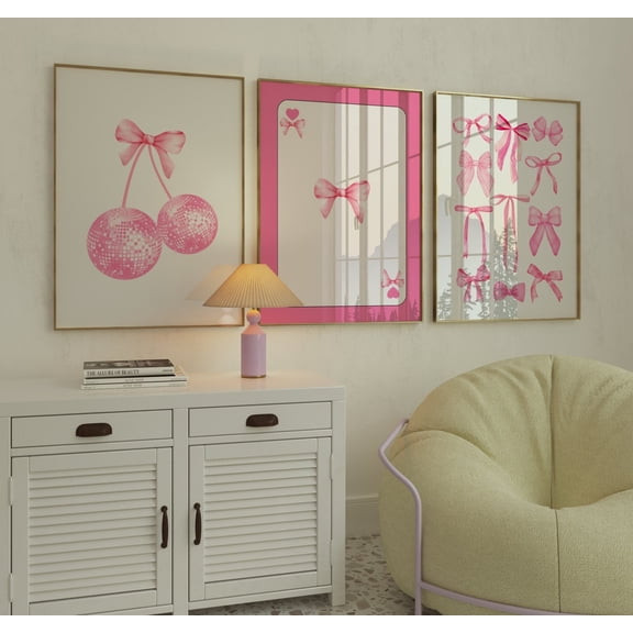 Pink Bows & Disco Ball, Girly Room Decor Poster Printed Poster, Poster Only