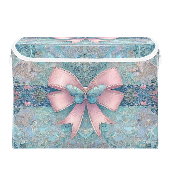 Pink Bows Elegant Lace Foldable Storage Bins with Lids Handles Collapsible Storage Containers Tote Boxes 16.5 x 12.6 x 11.8 inches