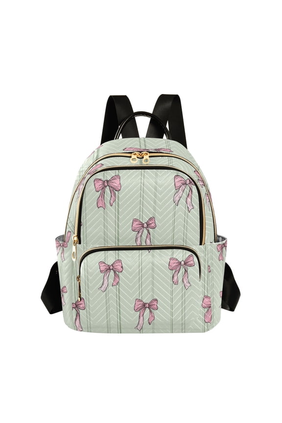 Pink Bows Green Stripes Quilted Backpack Fashion Daypack Commuter Bag for Women 8.5 L