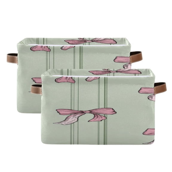 Pink Bows Green Stripes Square Storage Bins with Handles Collapsible Containing Box 2 Packs