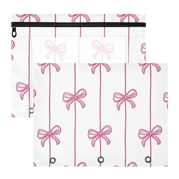 Pink Bows Hand Painted Lines 3-Ring Binder Pouches A4 Size Zipper Pocket File Storage 2 Packs