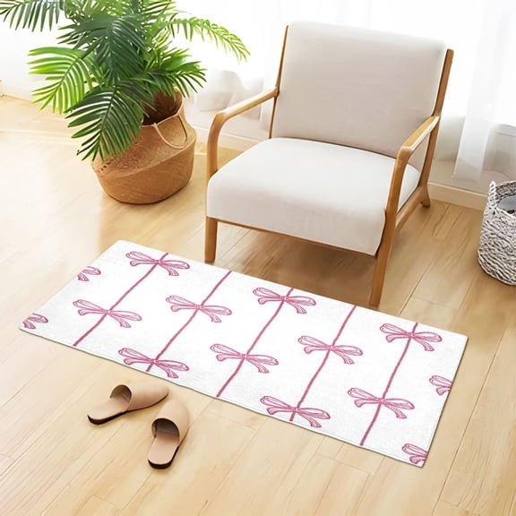 Pink Bows Hand Painted Lines Plush Carpet Non Slip Runner Rug Absorbent Bath Mat 39" x 20"