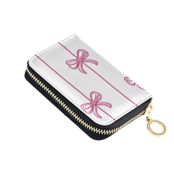 Pink Bows Hand Painted Lines Women's Credit Card Holder PU Leather Zipper Wallet RFID Blocking