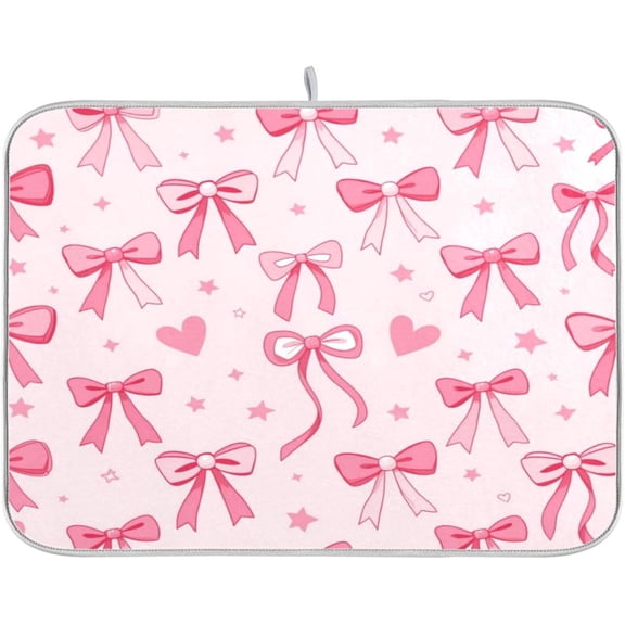 Pink Bows Heart Dish Drying Mat Kitchen Counter Mat Draining Mat Kitchen Accessories Dish Rack Pad for Dishes, Utensils, Countertops, Sinks 16x18in