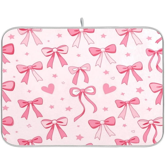 Pink Bows Heart Dish Drying Mat Kitchen Counter Mat Draining Mat Kitchen Accessories Dish Rack Pad for Dishes, Utensils, Countertops, Sinks 16x18in