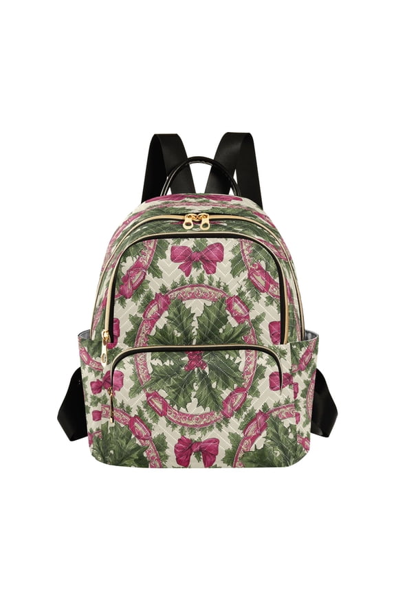 Pink Bows Holly Leaves Circle Christmas Quilted Backpack Fashion Daypack Commuter Bag for Women 8.5 L