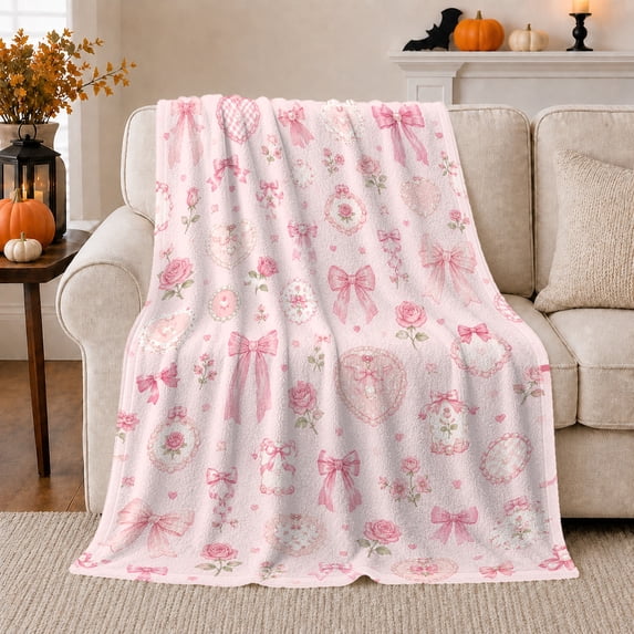 Pink Bows with Roses and Lace Frames, Romantic Shabby Chic Style for Coquette Fans, Heart Ribbon Pattern, Soft Flannel Blanket for Bedroom and Dorm, Valentine's Day Gift and Bow Home Decor