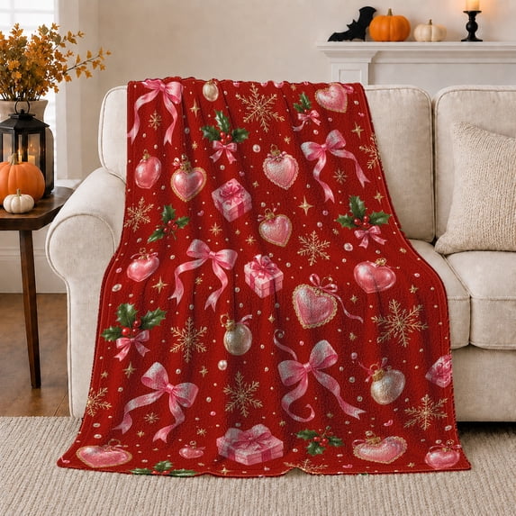 Pink Bows Snowflakes Holiday Pattern, Festive Holiday Scene, Warm Flannel Blanket for Living Room and Reading Nook, Art Lovers Christmas Gift, Festive Home Decor