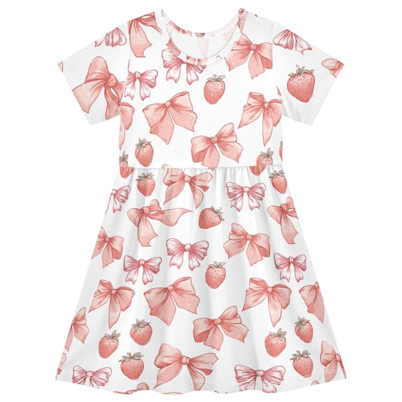 Pink Bows Strawberries Short Sleeve Dress A-Line Cute Midi Casual Sundress 2-8 Years