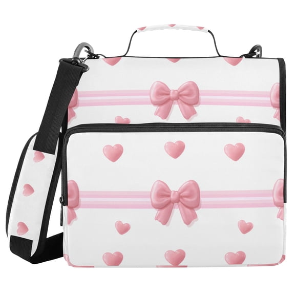 Pink Bows Stripes Hearts Valentine Binder Bag with Shoulder Strap 3 Ring Zipper Binder File Folder Document Storage