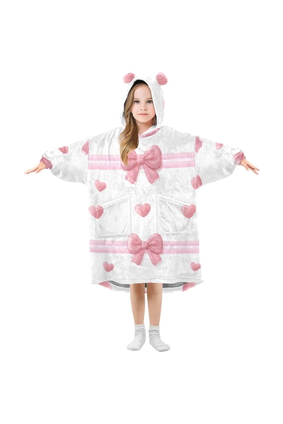 Pink Bows Stripes Hearts Valentine Flannel Wearable Blankets Hooded Design Long Sleeves Wrap Unisex for 3T-14Y S