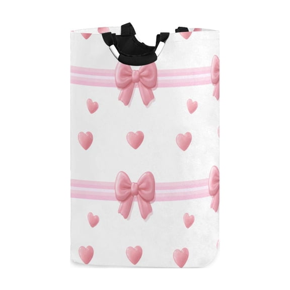 Pink Bows Stripes Hearts Valentine Laundry Basket with Handles Foldable Laundry Hamper Freestanding Washing Bin 50L
