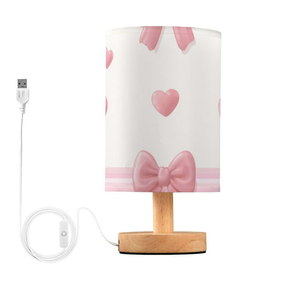 Pink Bows Stripes Hearts Valentine Table Lamp with USB Port LED Warm Light Lamp Night Light Home Decor