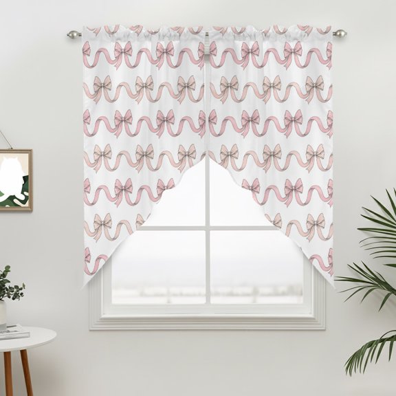 Pink Bows Swag Valances for Windows, Elegant Sweet Soft Pink Ribbon Bow Rod Pocket Short Curtains, Machine Washable Kitchen Window Topper for Bathroom Living Room, 28 x 36 Inch, 1 Pair