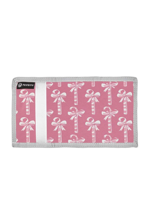 Pink Bows Tie on Candy Canes Christmas Trifold Wallets Card Holders Coin Pockets with Lanyards Portable Unisex