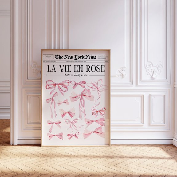 Pink Bows Wall Art, Newspaper Print, La Vie En Rose, Girly Wall Decor, College Dorm Decor, Preppy Wall Art Wall Art, Modern Wall Decor, 8x12 UNFRAMED