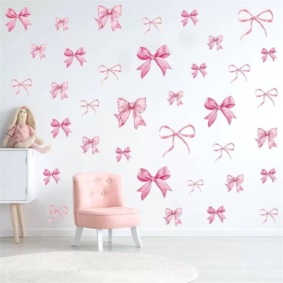 Pink Bows Wall Decals Set Portable Pink Bow Knot Wall Art Decor 8 Sheets 46 Pcs Durable Stickers Decor for Wall Room Bedroom